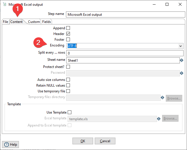 Microsoft Excel Output Settings - Content Encoding